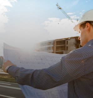 Civil Engineer looking at design plans with development in background